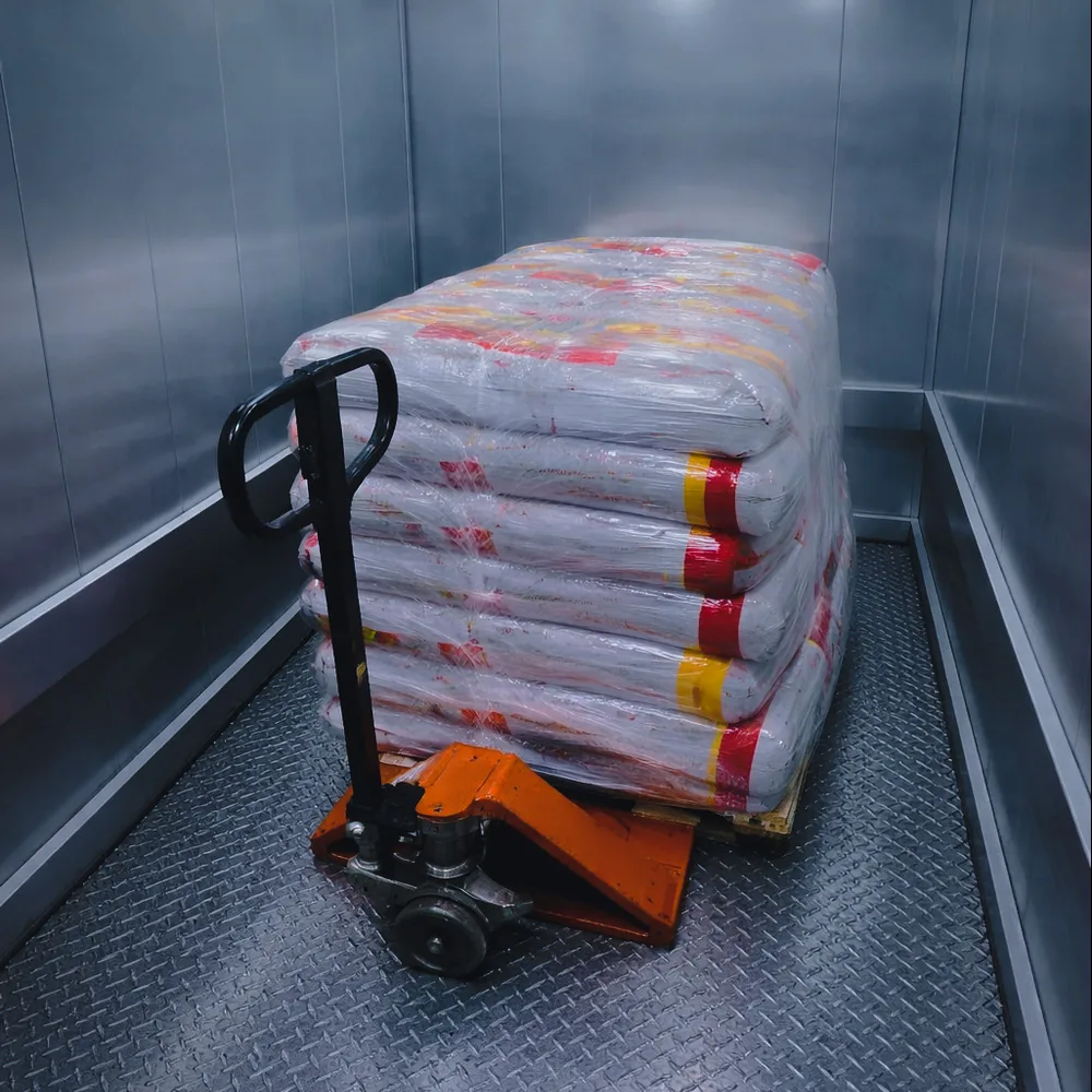 Goods elevator carrying a loaded pallet